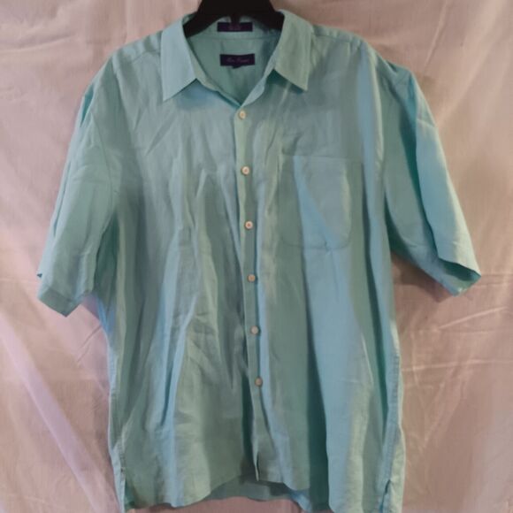 Alan Flusser Mens Short Sleeve Button Shirt Sz. Lrg /Aqua Blue/100% Linen/Pocket - Picture 2 of 4